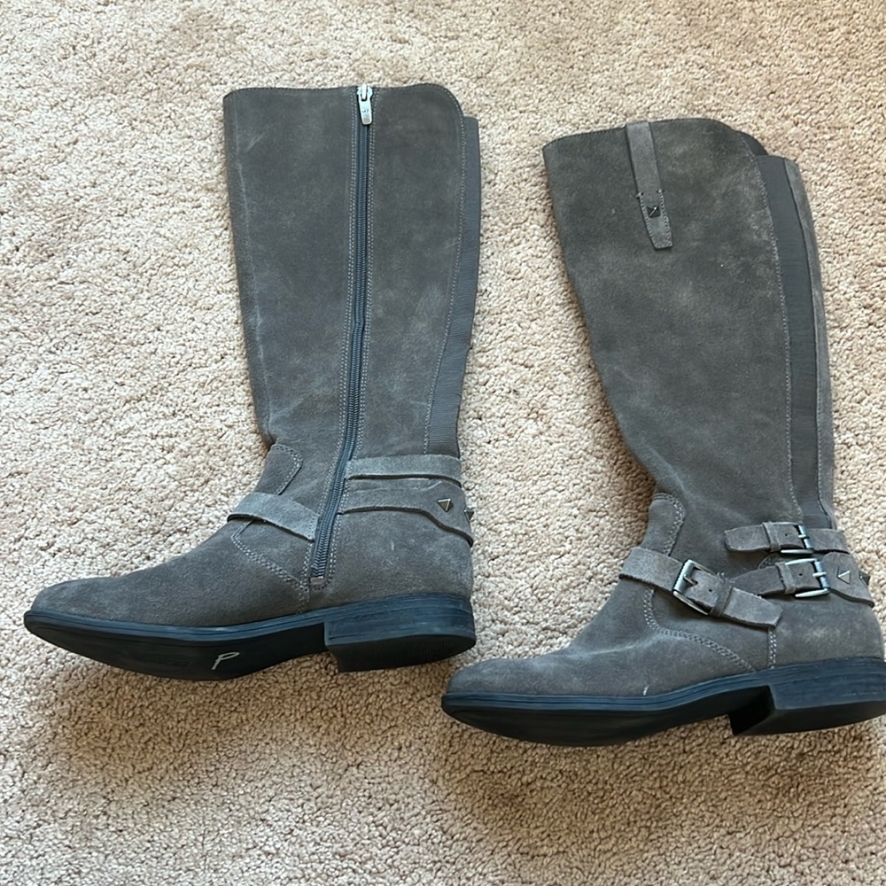 Marc Fisher Arbor Grey Suede Tall Studded Buckle Boots